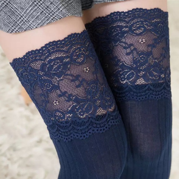 'All Laced Up' Blue Knee High Lace Ribbed Socks - Picture 3 of 8